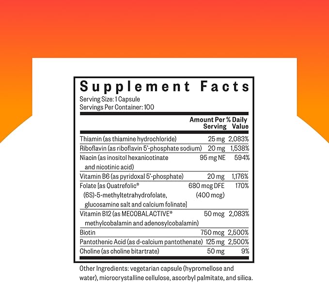 Seeking Health B Complex Plus - Vitamin B Complex Supplement with Choline & Riboflavin - Supports Brain Health, Digestion, & Energy - 100 Capsules