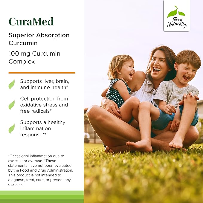 Terry Naturally CuraMed 100 mg Curcumin Complex - Enhanced Absorption Curcumin Supplement with Turmeric - Brain & Liver Health Support Supplement - Vegan Dietary Supplement - 60 Chewable Tablets