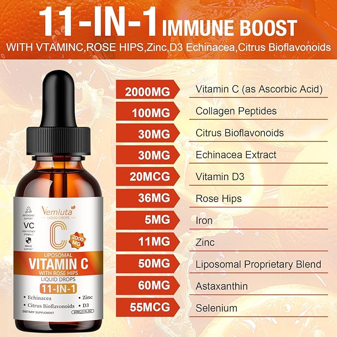 1 Packs Liposomal Vitamin C 2000mg Liquid Drop, High Absorption VC Complex Rose Hips with Echinacea, Citrus Bioflavonoids, Zinc, Vitamin D3 for Immune System & Antioxidant,2 FL Oz