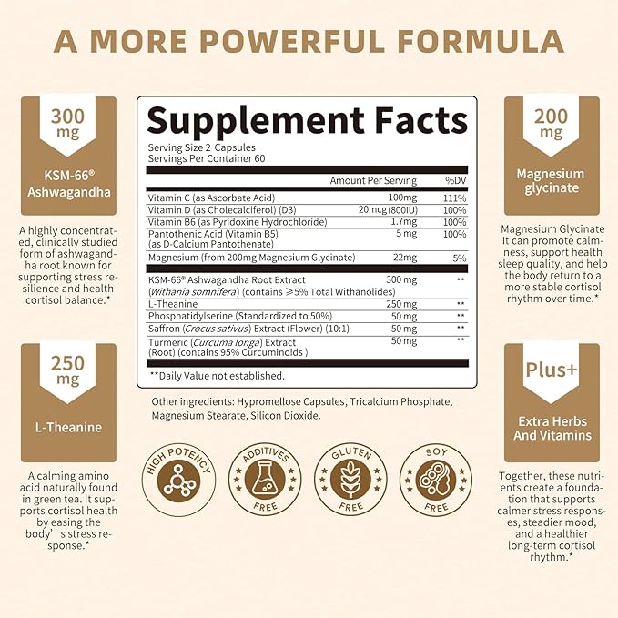 10-IN-1 Cortisol Supplements w/ KSM-66® Ashwagandha 300mg + L-Theanine 250mg, Magnesium Glycinate, Saffron, Phosphatidylserine, Turmeric & Vitamin C D3 B6 B5, For Women Men, 120 Capsules 60-Day Supply