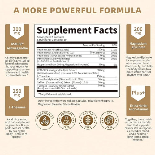 10-IN-1 Cortisol Supplements w/ KSM-66® Ashwagandha 300mg + L-Theanine 250mg, Magnesium Glycinate, Saffron, Phosphatidylserine, Turmeric & Vitamin C D3 B6 B5, For Women Men, 120 Capsules 60-Day Supply