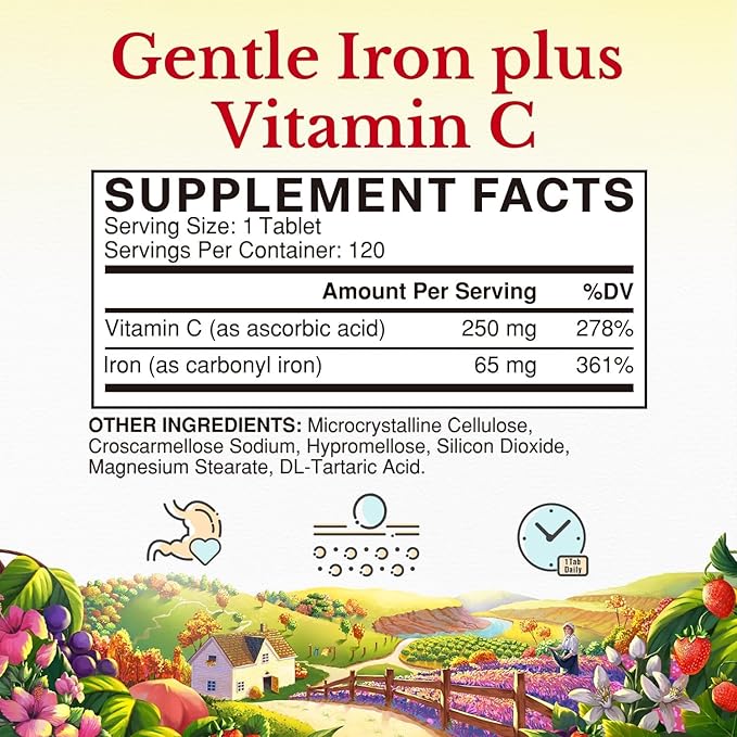 Vitalitown Iron Supplement for Women Men, High Potency 65mg Iron with Vitamin C 250mg, Less Constipating, Better for Blood Building & Energy Improvement, No Gluten, Non-GMO,120 Vegan Iron Pills