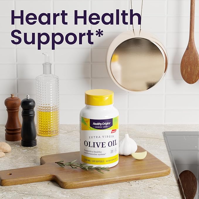 Healthy Origins Extra Virgin Olive Oil 1,250 mg (Made with Organic Extra Virgin Olive Oil, Non-GMO, Gluten Free, Cardiovascular Support), 120 Softgels