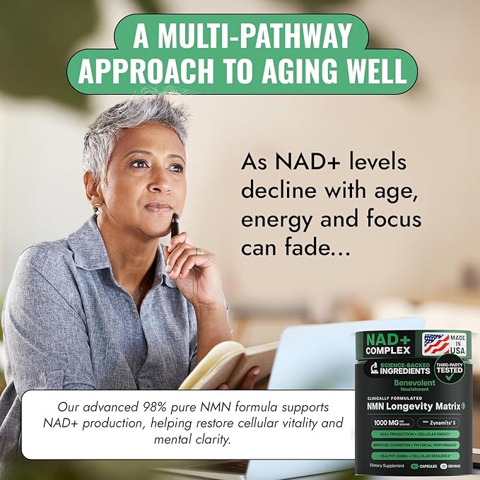 Benevolent Advanced NMN Supplement 1000mg (98% Purity) – 5-in-1 NMN Longevity Matrix with Zynamite® & PQQ for Increased NAD+ Levels, Cellular Energy, Cognitive & Healthy Aging – 60 Vegan Capsules