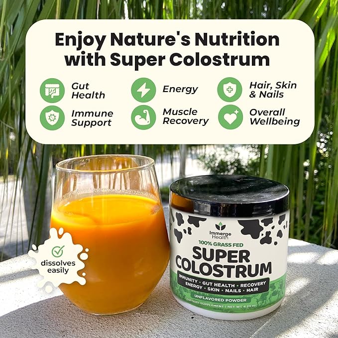 Immerge Health Super Colostrum Powder (60 Servings) – Premium Bovine Colostrum Supplement for Gut Health, Bloating & Immune Support – High IgG, 100% Grass Fed First Milking, Unflavored, Made in USA