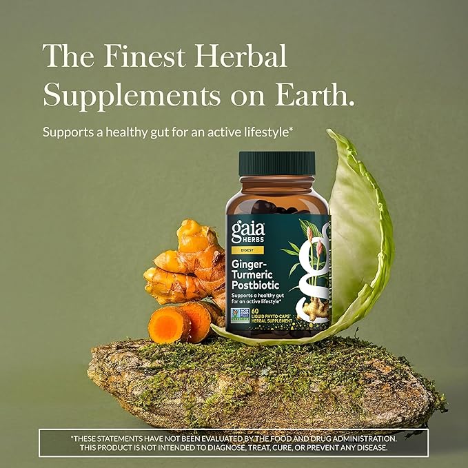 Gaia Herbs Ginger-Turmeric Postbiotic - Healthy Gut Support* - 60 Vegan Liquid Phyto-Caps (30 Servings)