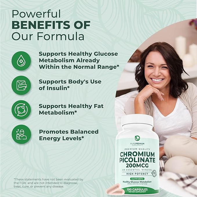 PurePremium Chromium Picolinate 200mcg - High Potency Chromium Supplements - Essential Mineral Health Support for Men/Women - Gluten-Free - 3 Months Supply - 100 Capsules