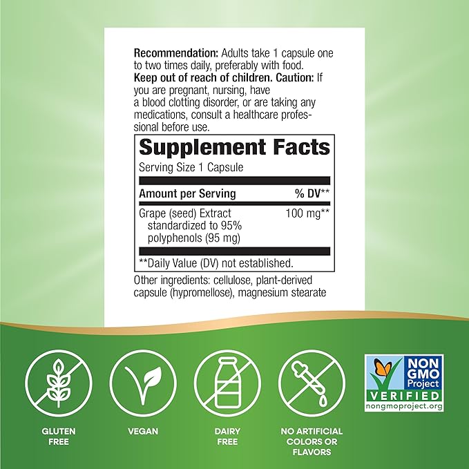 Nature's Way Grape Seed Standardized Extract, Supports Healthy Skin and Veins*, Antioxidant Support*, Non-GMO Project Verified, 30 Vegan Capsules (Packaging May Vary)