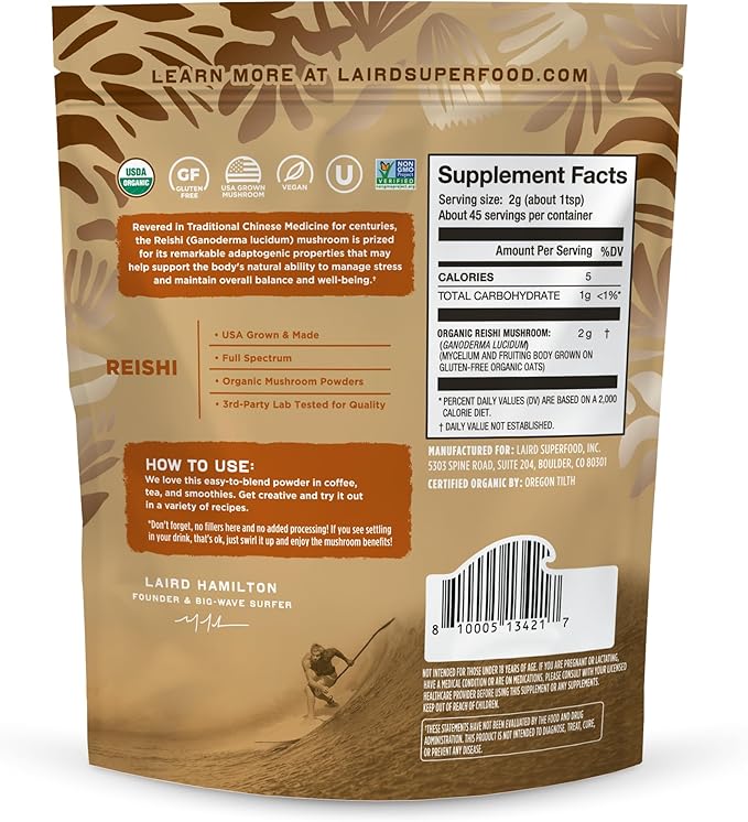 Laird Superfood Organic Reishi Mushroom Powder for Immune Support and Stress Relief, 3.17 oz. Bag, Pack of 1