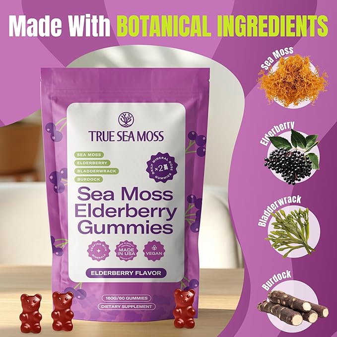 TrueSeaMoss Sea Moss Elderberry Gummies for Adults & Kids – with Burdock Root, Bladderwrack – 60 Gummies (Pouch May Vary)