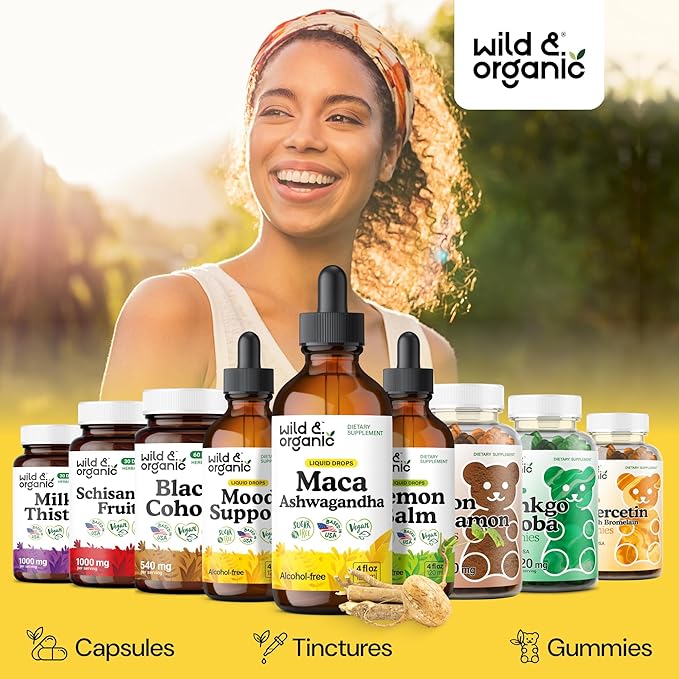 Wild & Organic Maca Root Ashwagandha Drops for Men and Women - Liquid Maca Ashwagandha Supplement for Overall Support - Peruvian Extract Tincture - Vegan, Sugar & Alcohol-Free - 4 fl oz