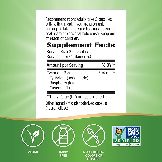 Nature's Way Eyebright Herb Premium Blend, Herbal Blend, Non-GMO Project Verified, Eyebright Supplement, Vegan, 100 Capsules (Packaging May Vary)