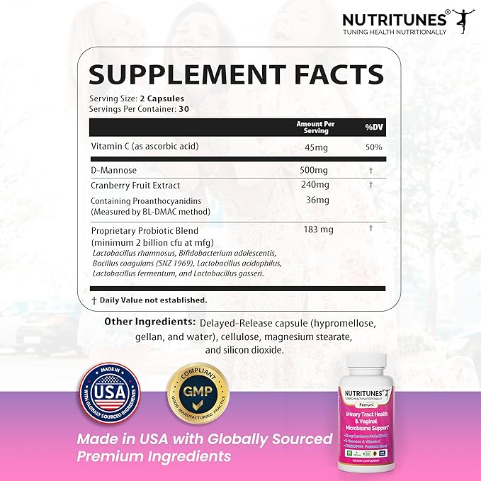 Femuni UTH Urinary Tract Health Supplement for Women – 36mg Cranberry PACs, D-Mannose, Probiotics & Vitamin C – Supports Urinary & Vaginal Health, pH Balance & Immune Support – 60 Capsules