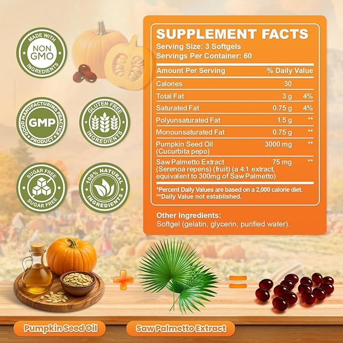 Pumpkin Seed Oil with Saw Palmetto Capsules, 3000mg Per Serving, Pumpkin Seeds Oil Supplement, Supports Immune, Hair, Urinary, Bladder & Prostate Health, Non-GMO, 180 Softgels