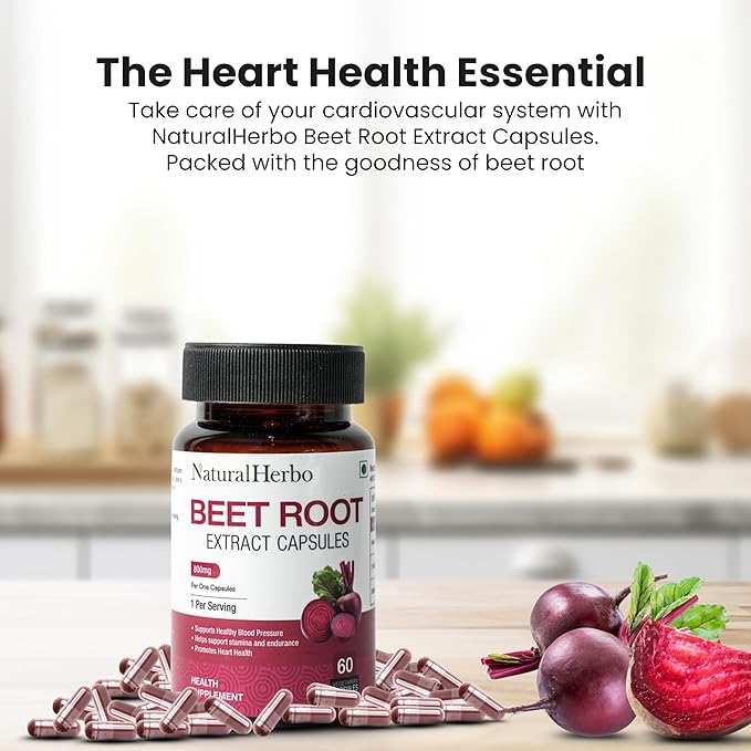 Beetroot Capsules 800mg Tablets | Heart Health, Blood Pressure Support Supplement for Natural Energy & Antioxidant Boost Extract Supplement | Ayurveda Suggested (60 Vegan Capsules)