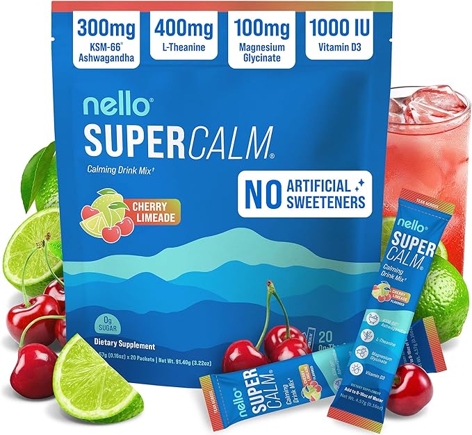 Nello Supercalm Powdered Drink Mix, Cortisol Reducer* and Sleep Aid Supplement, L Theanine, Ksm-66 Ashwagandha, Magnesium Glycinate, Vitamin D 3, No Sugar, Non GMO, On The Go, 20 Ct, Cherry Limeade