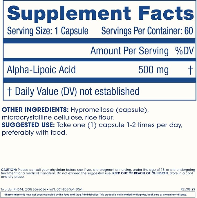ProHealth Alpha Lipoic Acid High Potency 500mg Promotes Metabolism, Younger Looking Skin, and Cellular Energy. Fights Fatigue and Brain Fog. Protects Heart, Brain, and Liver Health. 60 Servings.