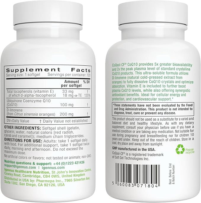 Igennus Advanced CoQ10 100mg, 5X Bioavailability CoQsol-CF Boosted with D-Limonene, 120 1-a-Day Servings, Heart & Energy, Ubiquinone Coenzyme Q10 & Vitamin E Antioxidant