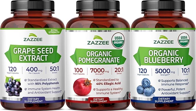 Zazzee Ultimate Anti Aging Antioxidant Bundle | USDA Organic Pomegranate with Polyphenol Rich Blueberry and Super Concentrated Grape Seed Extract Capsules | Non-GMO Vegan & ISO Lab Tested