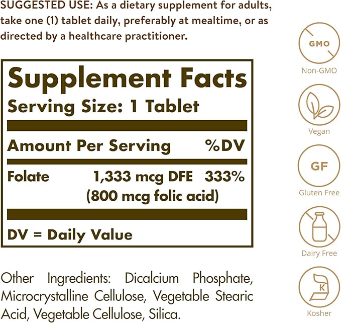 Solgar Folate 1,333 MCG Dietary Folate Equivalent (800 mcg Folic Acid), 250 Tablets - Heart Health, Healthy Nervous System, Prenatal Support - Non-GMO, Vegan, Gluten Free, Dairy Free - 250 Servings