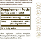 Solgar Folate 1,333 MCG Dietary Folate Equivalent (800 mcg Folic Acid), 250 Tablets - Heart Health, Healthy Nervous System, Prenatal Support - Non-GMO, Vegan, Gluten Free, Dairy Free - 250 Servings