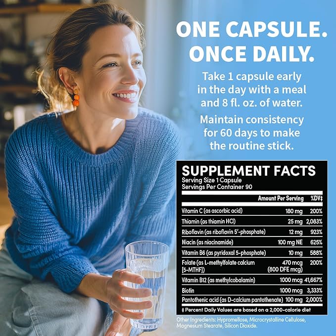 9-in-1 Vitamin B Complex - Methylated Multivitamin with B12 Methylcobalamin, Methylfolate, L-5-MTHF & Vitamin C - Methylated B Complex for Women & Men - Non-GMO, Gluten-Free (90 Servings) (1-Pack)