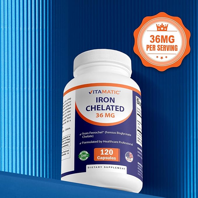 Vitamatic Chelated Iron 36 mg (from Ferrochel® Ferrous Bisglycinate Chelate) – Non-Constipating - 120 Veg Capsules - Non GMO, Gluten Free, Made in USA