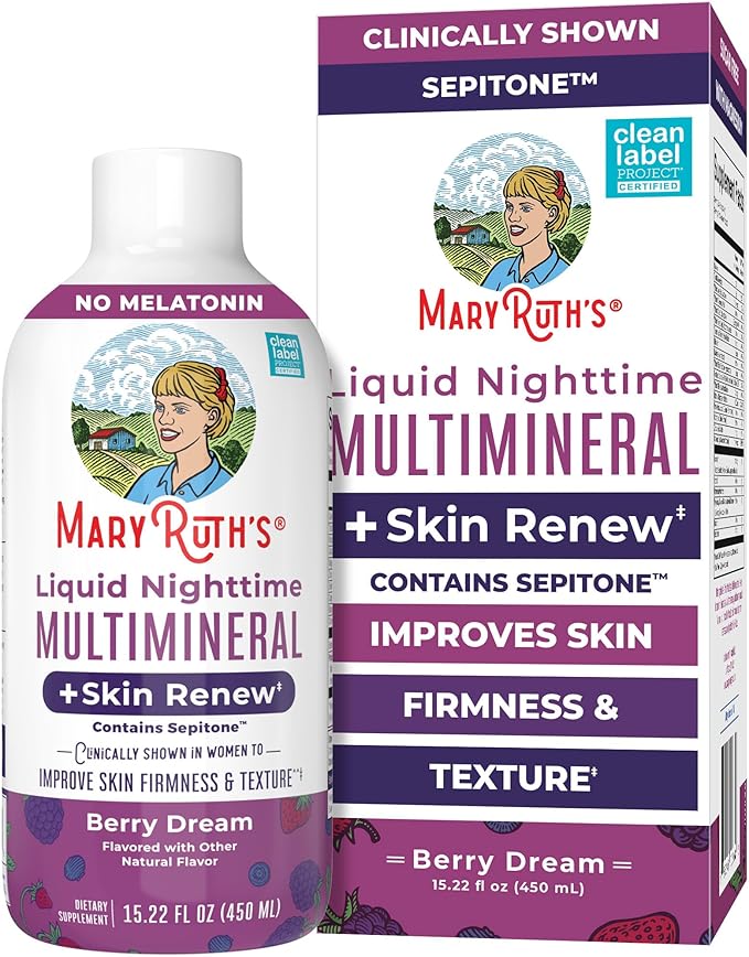 MaryRuth's Liquid Nighttime Liquid Multimineral + Skin Renew | Clinically Shown in Women to Reduce Fine Wrinkle & Improve Skin Firmness | Sepitone | NO Melatonin | Magnesium | Vegan | 15 Servings