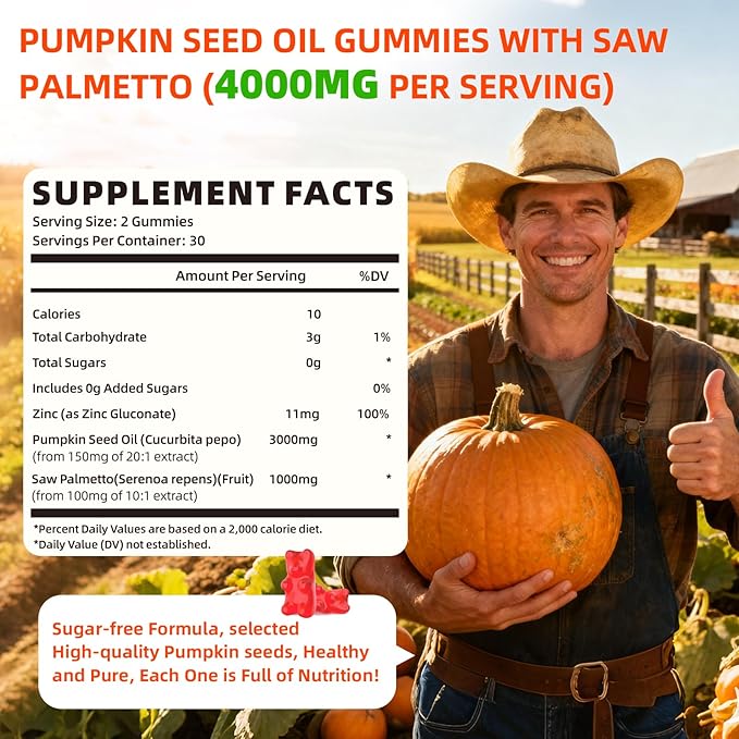 Pumpkin Seed Oil Gummies with Saw Palmetto, Organic Pumpkin Seed Oil Supplement for Hair Growth & Skin Health, Prostate Health, High Pure Extract for Women Men, Strawberry Flavor, 120 Count