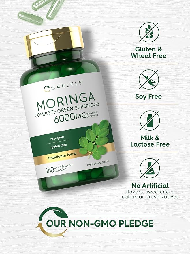 Carlyle Moringa Oleifera Supplement | 180 Capsules | Complete Green Superfood for Women and Men | Non-GMO and Gluten Free | from Moringa Leaf Powder