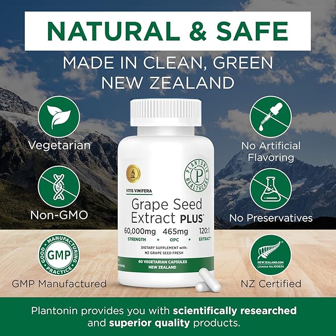 Grape Seed Extract Plus-Vitis Vinifera (60 Capsules)-60,000 mg Strength, 60 Vegan Capsules, 465mg Polyphenols (Proanthocyanidins), Potent 120:1, 2 Month Supply, Non-GMO and All-Natural