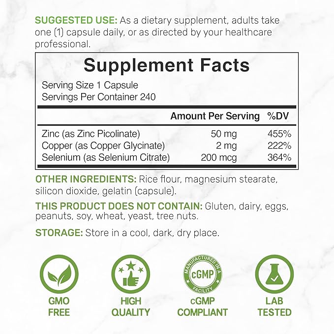 Deal Supplement Zinc 50mg with Selenium + Copper, 240 Capsules, 8 Month Supply, 3 in 1 Mineral Formula, Zinc Picolinate Complex Supplement, Supports Healthy Immune System for Adults and Kids