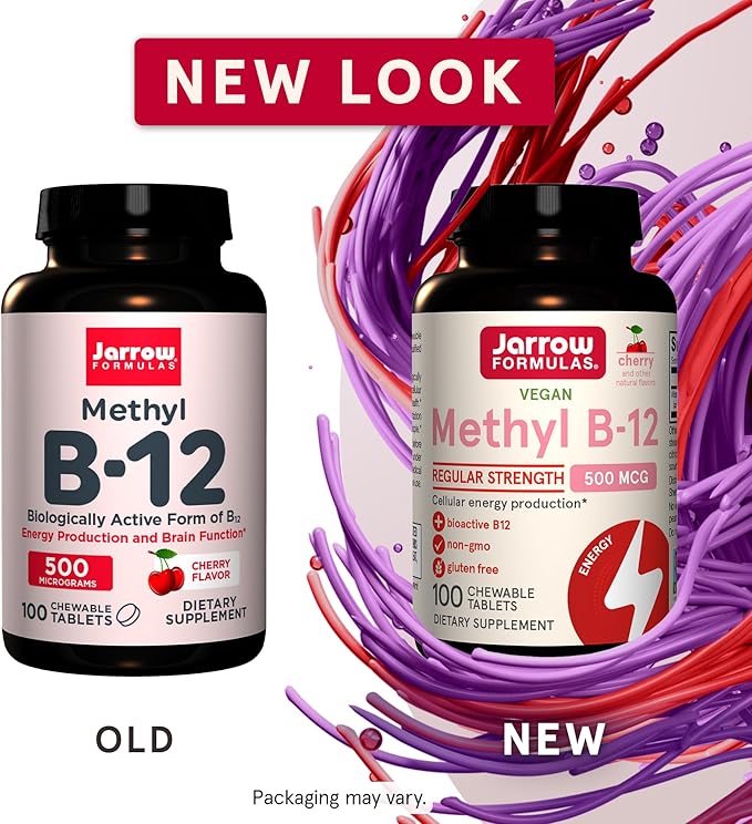Jarrow Formulas® Methyl B-12 Tablets, 500 mg, Dietary Supplement for Cellular Energy Production and Brain Health Support, 100 Cherry Flavor Chewable Tablets, 100 Day Supply