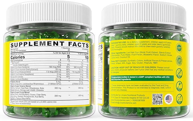 Kids Super Greens Gummies, Superfood Multivitamin for Kids, 30 Veggie, Fruit, Vitamin, Mineral, Probiotic, Kids Vitamin Gummies for Growth, Immunity, Digestion, Picky Eater Approved, Sugar Free 2Pack