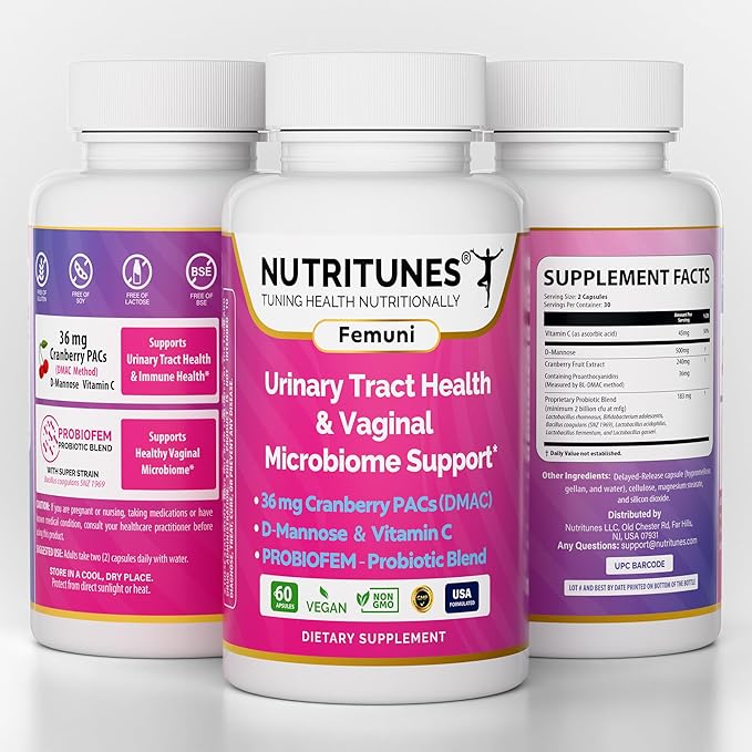 Femuni UTH Urinary Tract Health Supplement for Women – 36mg Cranberry PACs, D-Mannose, Probiotics & Vitamin C – Supports Urinary & Vaginal Health, pH Balance & Immune Support – 60 Capsules