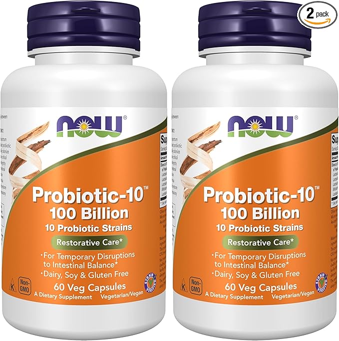 NOW Foods Supplements,Probiotic-10™,100 Billion,with 10 Probiotic Strains,Dairy,Soy and Gluten Free,Strain Verified,60 Veg Capsules,(Pack of 2)
