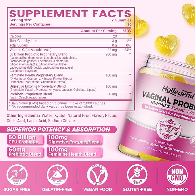 Vaginal Probiotics Gummies for Women Balanced pH, 50 Billion CFUs for Feminine Vaginal odor & Flora, Cranberry, D-Mannose, Vitamin C for Yeast Balance & Immune Health, Sugar Free, Pineapple, 60 Chews