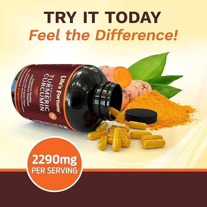 Life's Fortune Organic Turmeric Curcumin with Black Pepper and Ginger, Enhanced Absorption, Extra Strength Supplement, Joint & Immune Support, Non-GMO, 90 Cap - 2250mg