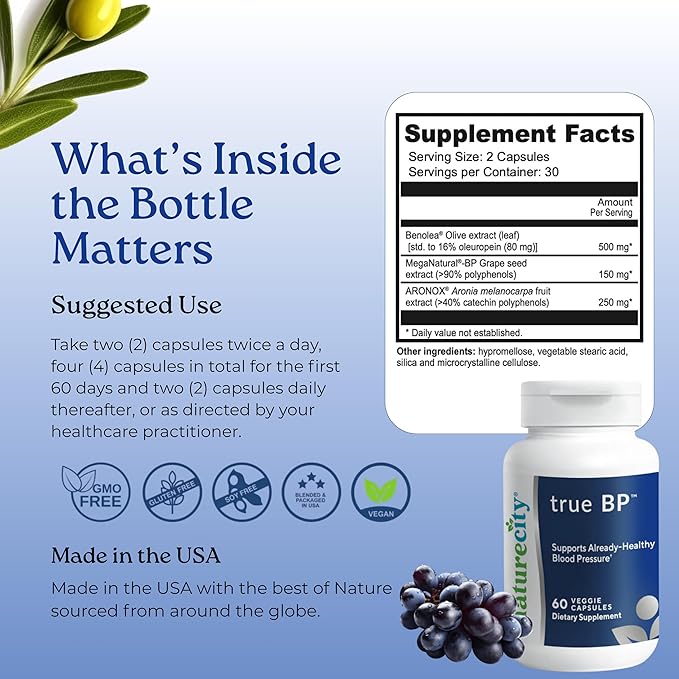 NatureCity True-BP | Supplements to Support Blood Flow for Heart Health | MegaNatural-BP 80mg 16% Oleuropein (60 Veggie Capsules) Non-GMO, Gluten Free