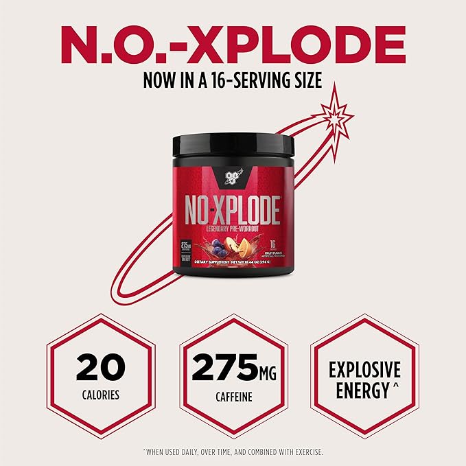 BSN N.O.-XPLODE Pre Workout Powder, Energy Supplement for Men and Women with Creatine and Beta-Alanine, Fruit Punch, 16 Servings, 0.65 Pound