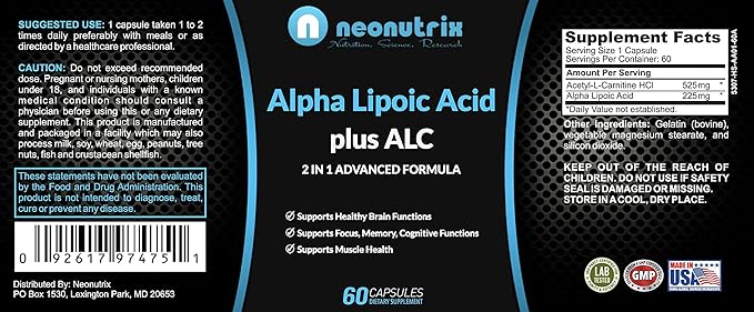Alpha Lipoic Acid Plus Acetyl L-Carnitine Antioxidant Supplement ALA ALC for Healthy Brain Function & Muscle Strength, Focus, Memory & Cognitive Function for Women & Men - 60 Capsules by Neonutrix
