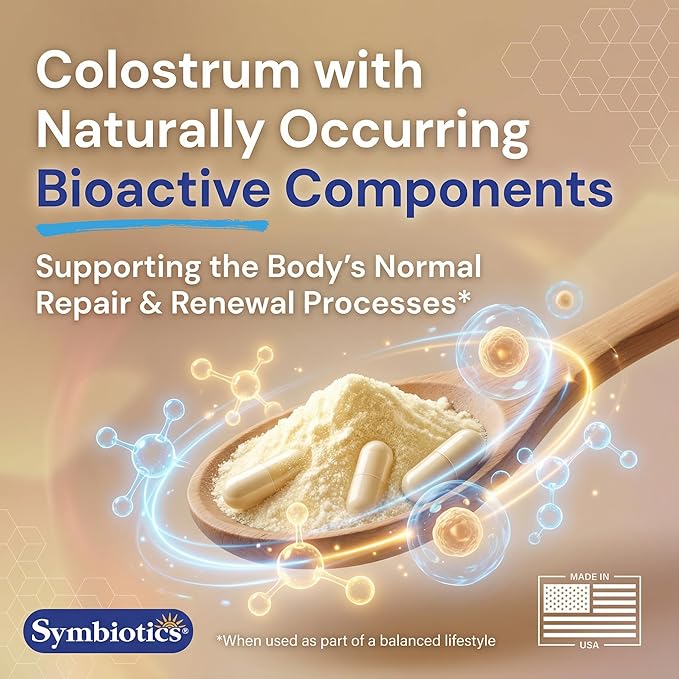 Symbiotics Colostrum Vegetable Capsules, 60 Count – Immune & Gut Support with Lactoferrin and Naturally Occurring IgG – Gluten Free, RBST-Free - 60