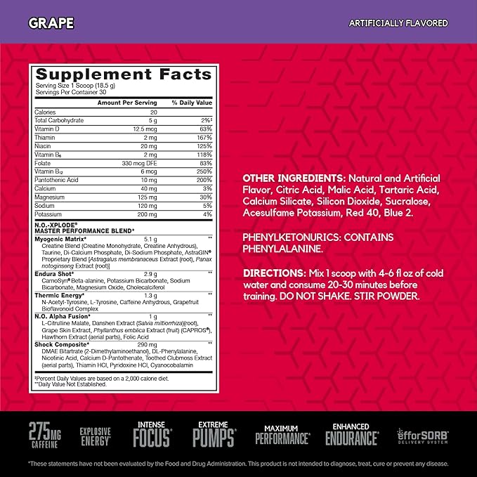 BSN N.O.-XPLODE Pre Workout Powder, Energy Supplement for Men and Women with Creatine and Beta-Alanine, Grape, 30 Servings, 1.2 Pound (Packaging May Vary)