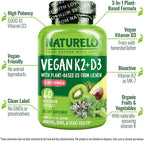 NATURELO Vitamin D3 K2 - Vegan with Plant Based D3 from Lichen - Natural Supplement for Immune System, Bone Support, Heart Health - Whole Food - Non-GMO - Gluten Free, 60 Capsules