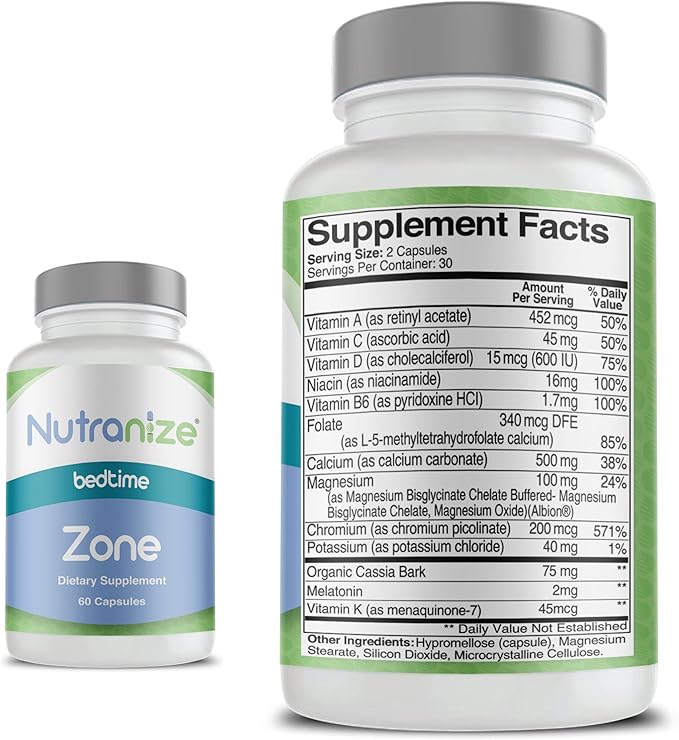 Nutranize Zone Twin-Pack Supplement System - Pharmacist-Designed Morning & Bedtime Capsules with Magnesium Glycinate, Vitamin D3, K2 MK7, Methylfolate, Chromium, Melatonin - 30 Day Supply (120 Count)