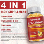 1 Pack Vegan 80MG Iron Supplement Gummies for Women & Men - Vitamin A, C, B for Adults & Kids - Blood & Builder & Energy Support for Iron Deficiency, Anemia - 60 Counts Pineapple Flavor Gummies
