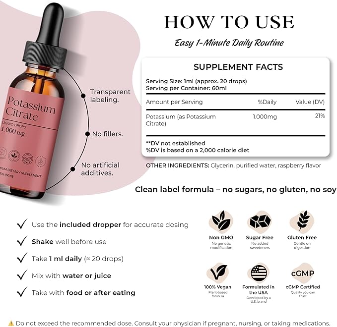 DLS Potassium Citrate Liquid & Potassium Supplement Drops 1000mg – High Absorption Electrolyte & Kidney Support – Uric Acid Balance, Muscle & Nerve Function – Non-GMO, Vegan, Sugar Free 60ml 2 fl oz