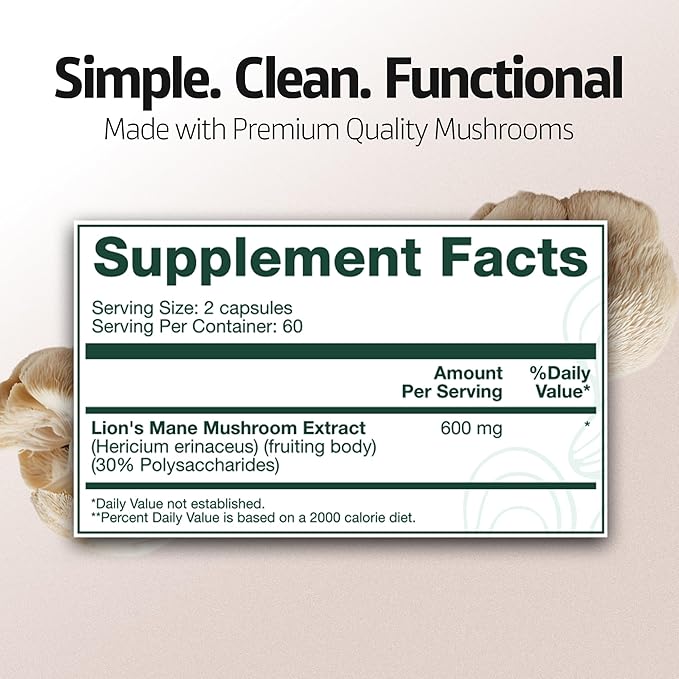 Energized Lions Mane Supplement Capsules (120ct),Brain Supplements for Memory and Focus, Nootropic for Brain Fog Relief Made in USA,30% Polysaccharides,Natural Brain Health Support
