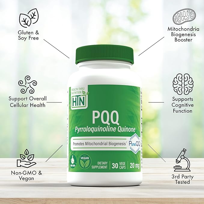 Health Thru Nutrition PQQ 20mg 30 Servings Pyrroloquinoline Quinone as PureQQ | Promotes Mitochondrial Biogenesis | Certified Vegan | Non-GMO Gluten Soy Free Capsules| Clean Label PQQ Supplement