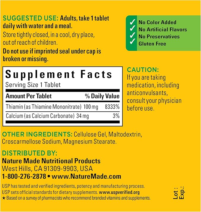 Nature Made Vitamin B1 100mg, Thiamine B1 Supplement for Energy Metabolism Support, 100 Tablets, 100 Day Supply